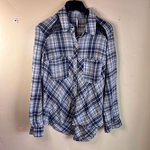 Free People Womens Boho Gauze Plaid Flannel Blue Grey Button Down Size Small‎ - Picture 1 of 10